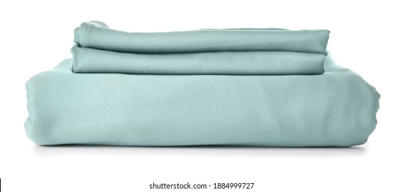 Stack Of Clean Bed Sheets On White Background