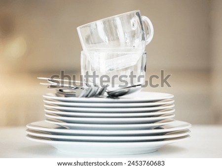 Stack, clean dishes and cups with cutlery for catering, household and tableware for dinner meal at home. Kitchen, dining room or restaurant with ceramic kitchenware for food with luxury serving