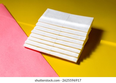 A stack of clean, white dry tissues arranged neatly on a surface. Soft texture and hygienic appearance, ideal for personal care, hygiene, or household use. Minimalist background emphasizes cleanlines