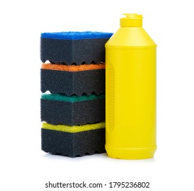 Stack cleaning sponges with dish detergent on white background isolation