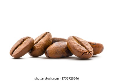 Stack of coffee beans on white background.Freshness in the morning or great aroma and energy concept.