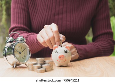Stack coin with hand drop the coin into piggy bank. Financial, accounting and saving concept.