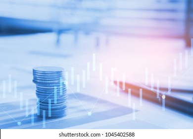 Stack Coin Money With Report Finance And Banking With Profit Graph Of Stock Market Trade Indicator Financial.Double Exposure Style