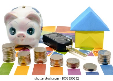 Stack Of Coin On Bar Graph With Piggy Bank, Car Key And Paper House Origami On White Background For Planning Investment, Business, Finance And Save Money Concept