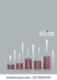 Stack of coins with arrow rising. The concept of saving money for business growth, Financial investment, Market stock, Profit return, Dividend and Business fund in year 2026.