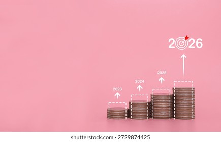 Stack of coins with arrow rising. The concept of business growth, Financial investment, Market stock, Profit return, Dividend and Business fund in year 2026