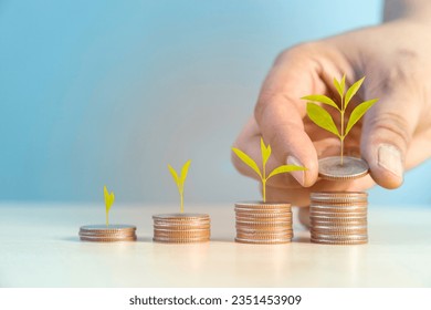 stack of coins with a budding plant and a hand placing another coin on top represents the concept of savings and business growth.