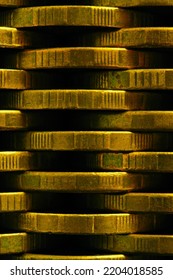 Stack Of Coins Close Up. Coin Texture. Business Vertical Background Made Of Many Coin Edges. Economy Finance And Bank Wallpaper. Abstract Money Wall. Taxes, Credit And Currency Exchange. Macro