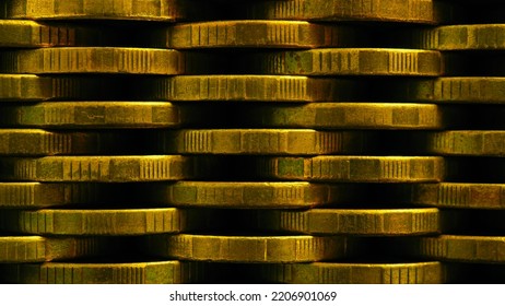 Stack Of Coins Close Up. Coin Texture. Business Background Made Of Many Coin Edges. Economy Finance And Bank Wallpaper. Abstract Money Wall. Taxes, Credit And Currency Exchange. Macro