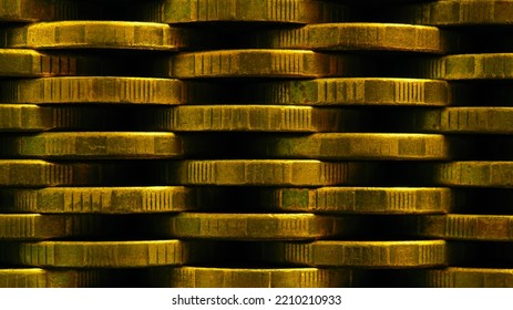 Stack Of Coins Close Up. Coin Texture. Business Background Made Of Many Coin Edges. Economy Finance And Bank Wallpaper. Abstract Money Wall. Taxes, Credit And Currency Exchange. Macro