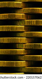 Stack Of Coins Close-up. Coin Texture. Business Vertical Background Made Of Many Coin Edge. Economy Or Bank Phone Wallpaper. Abstract Money Wall. Tax, Credit And Currency Change. Macro