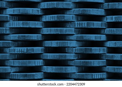 Stack of coins close-up. Coin texture. Blue tinted business background made of many coin edge. Economy finance and bank backdrop. Abstract money wall. Tax, credit and currency change. Macro - Shutterstock ID 2204472309