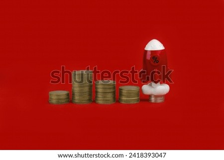 Stack of coins with consumer behavior icons and flying up rocketship on red background. Concept of buying and increasing cashback 
