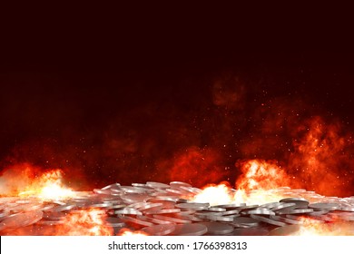 Stack Of Coins With An Explosion With Sparks And Smoke Background