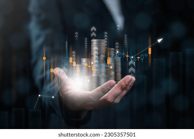 Stack of coins with graph chart growth up, Business marketing
