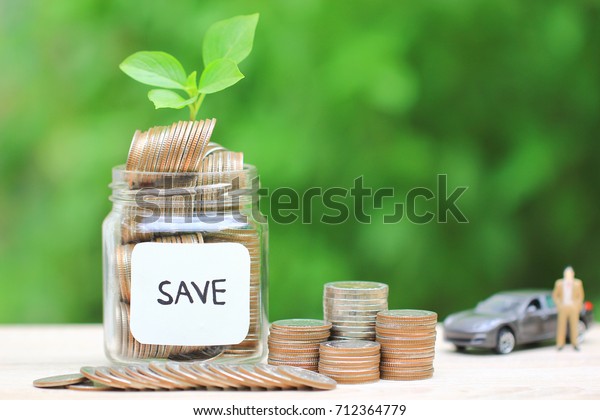 Stack of coins\
money in glass bottle and Miniature businessman standing with car\
on green background, Saving money for car, Finance and car loan,\
Investment and business\
concept.