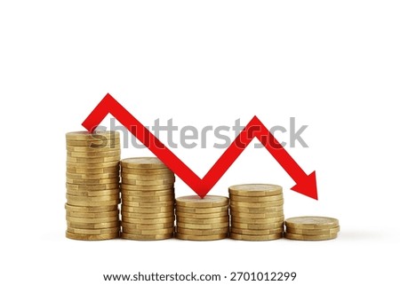 Stack of coins with red decreasing arrow - Loss of money concept