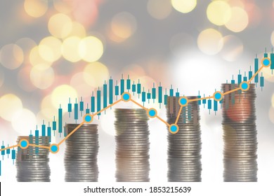 Stack Of Coins With Stock Growth Graph On Abstract Background. Saving With Return On Investment Concept And Sustainable Economic Recovery Idea