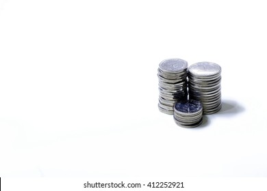 Stack Of Coins, Stack Of UAE Dirham Or AED, With Clear White Background And Lot Of Space For Adding Custom Text.