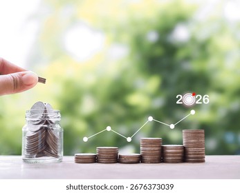 Stack of coins with virtual increasing graph. The concept of saving money for business growth, Financial investment, Market stock, Profit return, Dividend and Business fund in year 2026.