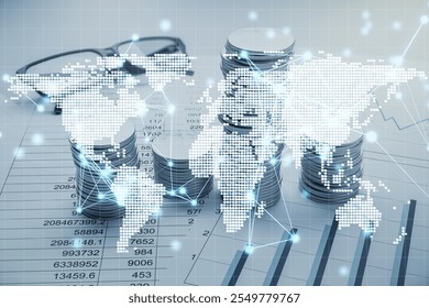 Stack of coins, world map overlay, technological graphic style, placed on financial documents. Concept of global finance and connectivity