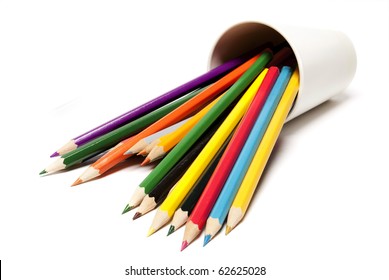 A Stack Of Colored Pencils On White Background