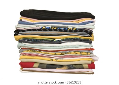 stack of colored t-shirts, front view, ironed and packed