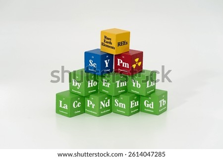 Stack colorful 3D cubes labeled with the 17 rare-earth elements, including their symbol, name, and atomic number. Use green cubes for lanthanides, blue for transition elements, and red for radioactive