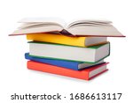 Stack of colorful books isolated on white background. Collection of different books. Hardback books for reading. Back to school and education learning concept