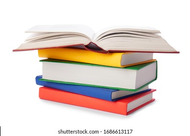 Stack colorful books isolated white background  Collection different books  Hardback books for reading  Back to school   education learning concept