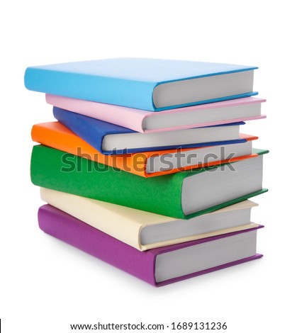 Stack of colorful books isolated on white background. Collection of different books. Hardback books for reading. Back to school and education learning concept