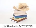 stack of colorful books on white background, open book, stack of books isolated on background, education, read, study, school, library, dictionary,university,