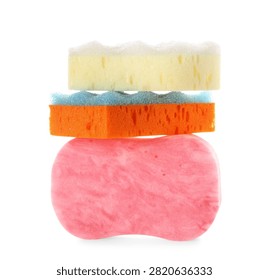 Stack of colorful cleaning sponges with different textures for household chores and dishwashing, isolated on a white background