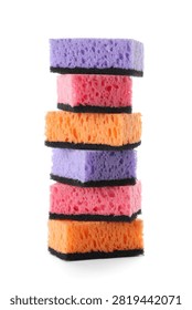 Stack of colorful kitchen sponges with abrasive scrubbers, household cleaning supplies for dishwashing and general sanitation