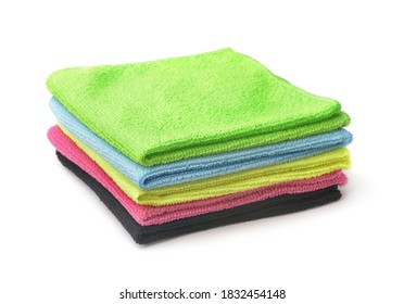 Stack of colorful microfiber cloths isolated on white