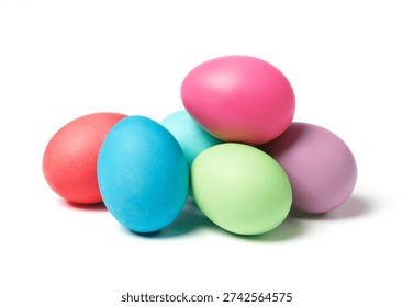 Stack of colorful pastel easter eggs isolated on white