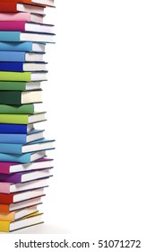 Stack of colorful real books on white background, partial view.