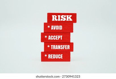 A stack of coloured blocks with text RISK - AVOID, ACCEPT, TRANSFER AND REDUCE