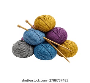 Stack of colourful wool yarn balls with wooden knitting needles on white background