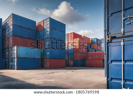 Stack of Containers Cargo Ship Import/Export in Harbor Port, Cargo Freight Shipping of Container Logistics Industry. Nautical Transport Distribution Yard, Business Commercial Dock and Transportation. 