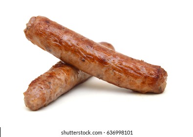 Stack of cooked sausages on white background 