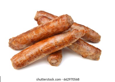 Stack of cooked sausages on white background