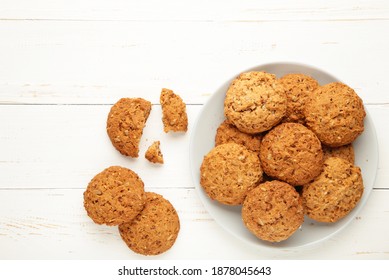 Stack Of Cookies On The Plate On White Background. Top View