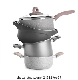 Stack of cooking pots isolated on white  