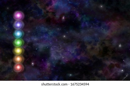 Stack of cosmic spiralling seven chakras - against a dark blue celestial deep space background the seven rainbow coloured vortexing chakras with space for text on right
