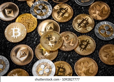 Stack of cryptocurrencies. Bitcoin and most important cryptocurrency concept