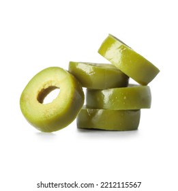 Stack Of Cut Green Olives On White Background