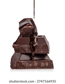 Stack of dark chocolate bars with rich melted chocolate dripping over textured pieces, isolated on light background, minimal dessert concept for food packaging or advertising
