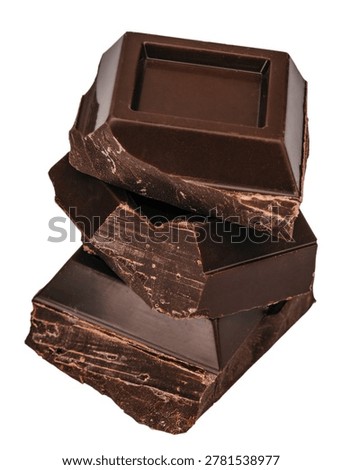 Stack of dark chocolate chunks isolated on white background. Premium cocoa dessert concept with rich texture and copy space.