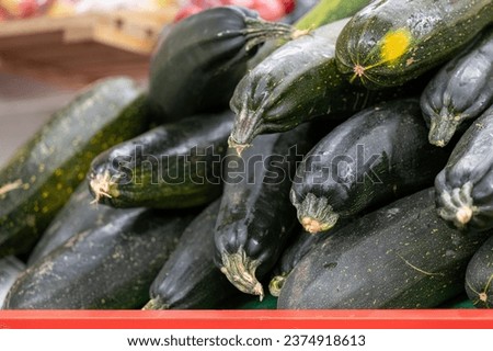 A stack of dark green organic zucchini or cucurbita pepo for sale at a farmers' market. The autumn harvest vegetable is long, thin, soft summer marrow. Its skin is fresh, shiny, smooth and taunt. 